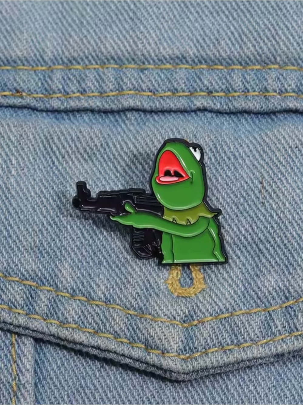 Green Frog Enamel Pin — Kermit with Gun